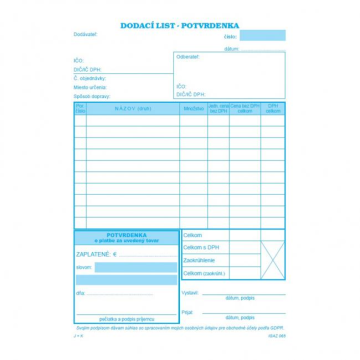 Dodací list A5 s DPH s potvrdenkou samoprepis